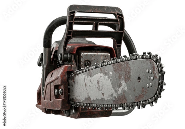Fototapeta Old rusty chainsaw PNG isolated on transparent background, vintage power tool for cutting wood and forestry work