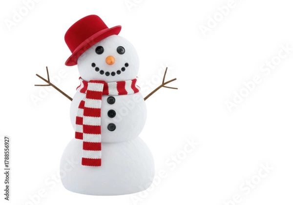 Fototapeta Festive snowman with red hat and striped scarf isolated PNG, winter holiday character for Christmas and New Year designs