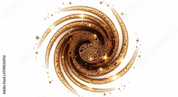 Fototapeta Dynamic Coffee Foam Spiral Pattern with Glitter Stars and Bubbles Isolated.