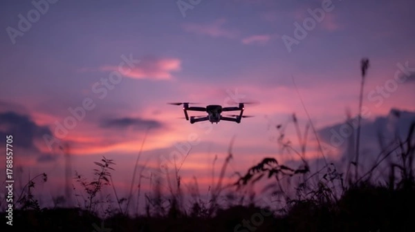 Obraz Drone silhouetted against a vibrant pink and purple sunset with tall grass