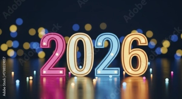Obraz  Celebratory 2026 New Year Illuminated Marquee Numbers with Colorful Bokeh Background