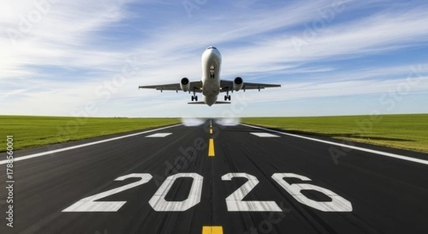 Fototapeta  Passenger Aircraft Taking Off from Airfield Runway Marked 2026 Under Blue Sky