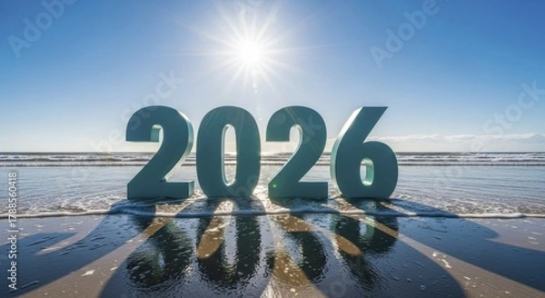 Obraz  2026 Numbers on Sandy Beach with Ocean Waves and Bright Sun
