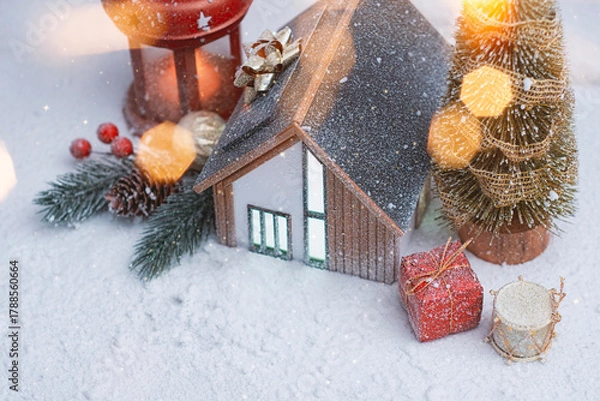 Fototapeta Festive Christmas and New Year scene with miniature house covered in snow with tree and glowing lantern with red gift box. Concept holiday atmosphere for winter celebration.