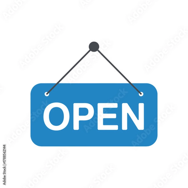 Fototapeta Open sign hanging on shop door indicating business is welcoming customers with vector illustration in minimal clean design of graphic