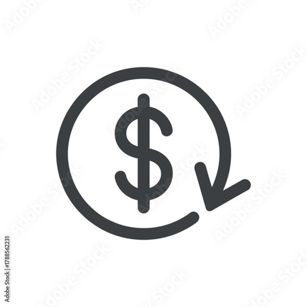 Fototapeta Recurring payment icon of dollar sign and circular arrow for subscription charges with minimal vector illustration on clean background