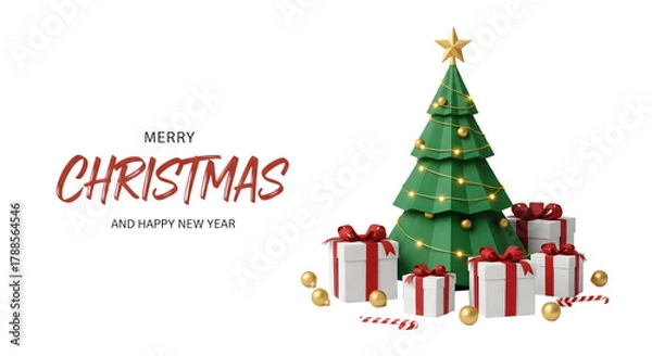 Fototapeta Merry christmas and happy new year greeting with a decorated christmas tree and gift boxes, isolated on transparent background