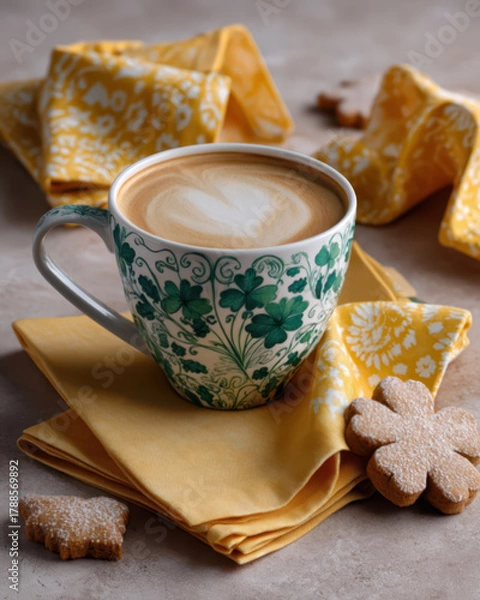 Fototapeta A cup of latte with green and white patterns, surrounded by Irish gingerbread cookies in the shape of stars on yellow cloth napkins