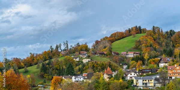Fototapeta Built-up mountainside with houses, gardens and forests, autumnal colored under cloudy sky, steep meadow with single tree, village on hill, old and new house and autumn trees