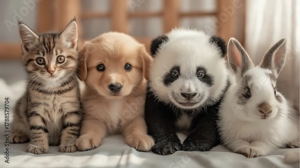 Fototapeta baby animal friendly sitting together, rabbit hare, panda cub, puppy dog, kitten cat