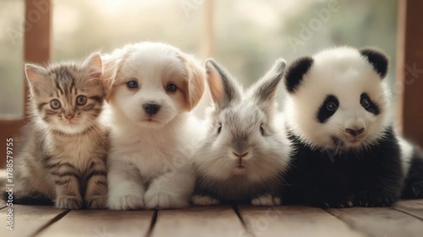 Fototapeta baby animal friendly sitting together, rabbit hare, panda cub, puppy dog, kitten cat