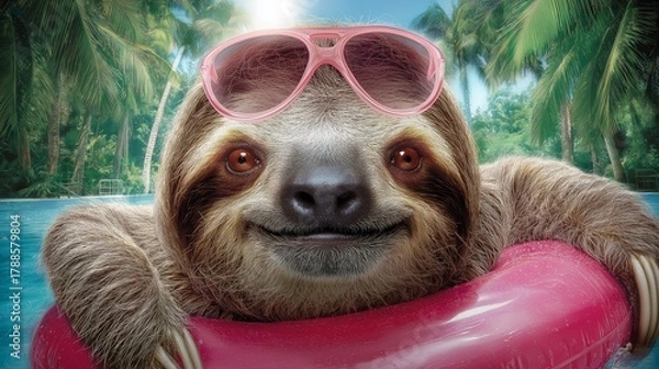 Fototapeta cute sloth swim with swim tube wearing pink sunglasses at tropical pond smile with calm 