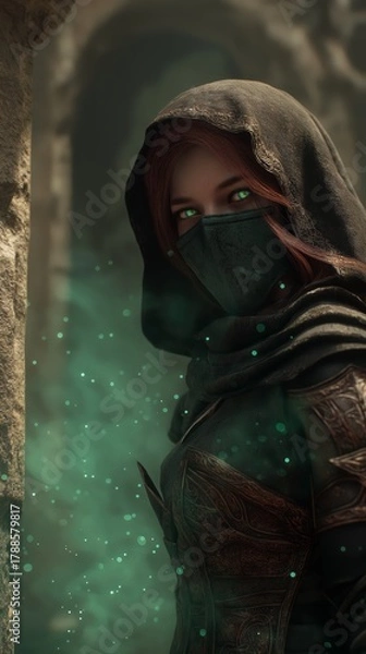 Fototapeta fantasy character a female assassin with poison green cloud surround her 