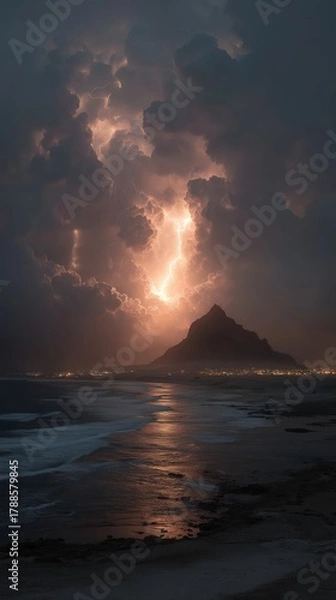 Fototapeta sparkle lightning cross the sky at night over ocean and mountain 