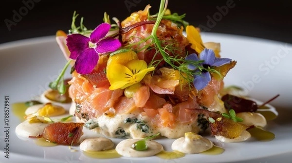 Fototapeta salmon fillet with flowers and cream cheese , close up fine dining dish look healthy and beautiful 