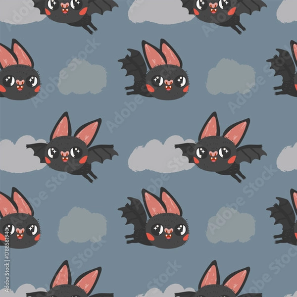 Obraz Seamless pattern of a cute bats flying in the sky with clouds on a dark background