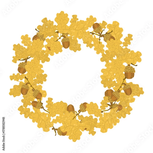 Fototapeta Wreath with acorns and oak yellow leaves. Perfect template for card, poster, menu, invitation, label