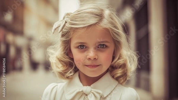 Fototapeta retro vintage portrait of young Caucasian girl with blond hair smile at camera at city street 