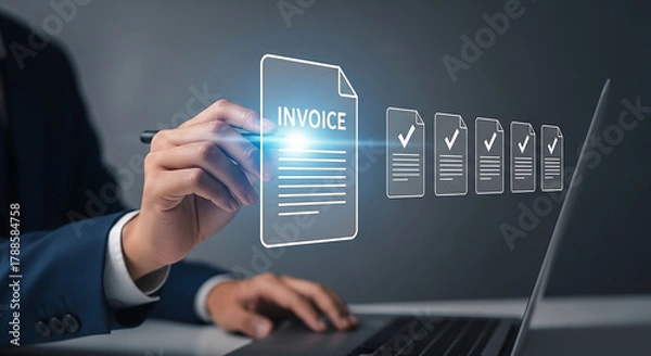 Fototapeta A businessman reviews an invoice on a digital screen, with a series of completed tasks indicated by checkmarks.