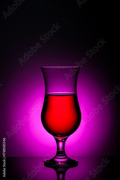 Obraz Glass of red drink with vibrant pinnk backlight on reflective surface, minimalistic still life beverage concept.