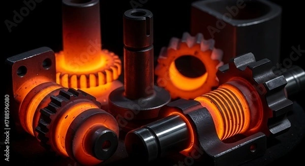 Fototapeta A dramatic close-up composition of various industrial metal components, including gears, shafts, and specialized parts, glowing intensely with vibrant orange and red incandescence against a dark, cont