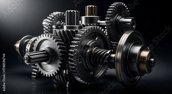Fototapeta A detailed close-up of an intricate metallic gear assembly, featuring various sizes of intermeshing cogs and shafts, set against a dramatic dark background. 