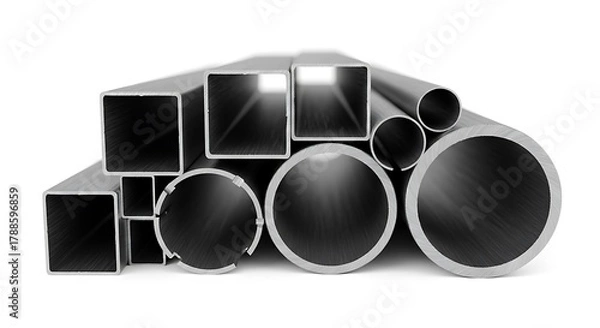 Fototapeta  Stack of Various Metal Pipes and Tubes in Different Sizes and Shapes: Industrial Steel for Construction, Plumbing, and Manufacturing Applications