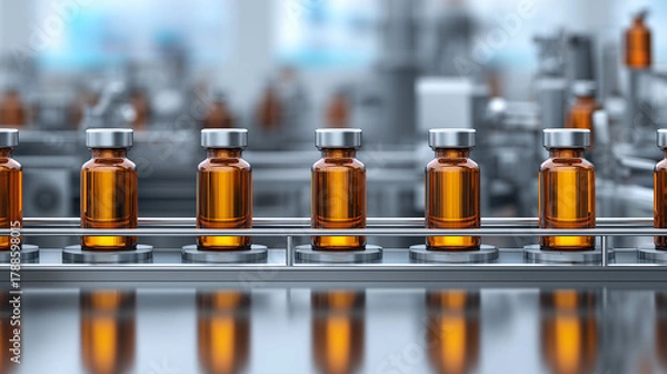 Obraz Bottles of amber liquid moving on a conveyor belt in a modern pharmaceutical production facility Generative AI