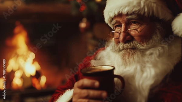 Fototapeta Cinematic portrait of Santa Claus resting by a warm fireplace, holding a mug and wearing glasses, with a kind, tired expression