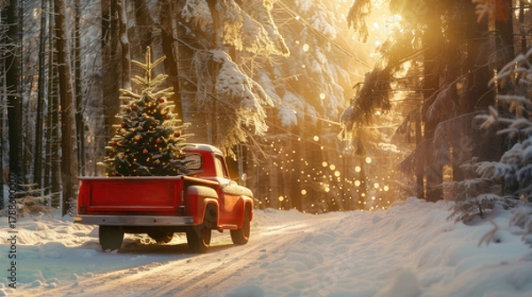 Fototapeta Cinematic side-view shot of a vintage red pickup truck driving on a snowy forest road with a decorated Christmas tree in the bed during golden hour