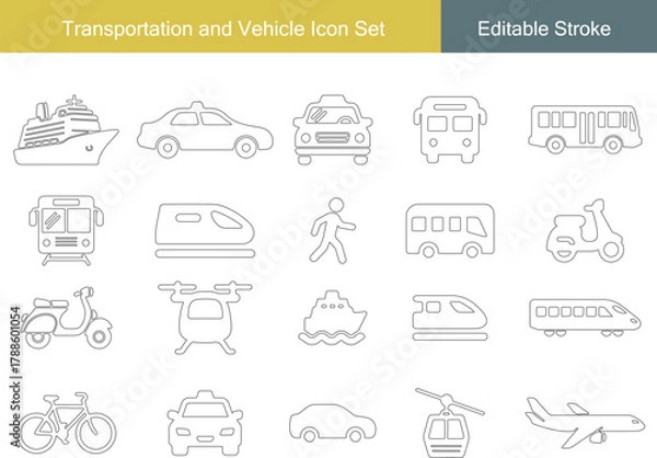 Fototapeta Transportation and Travel Icon Set | Car, Taxi, Bus, Train, Ship, Airplane, Scooter, Bicycle, Helicopter, Cable Car, Walking Line Icons