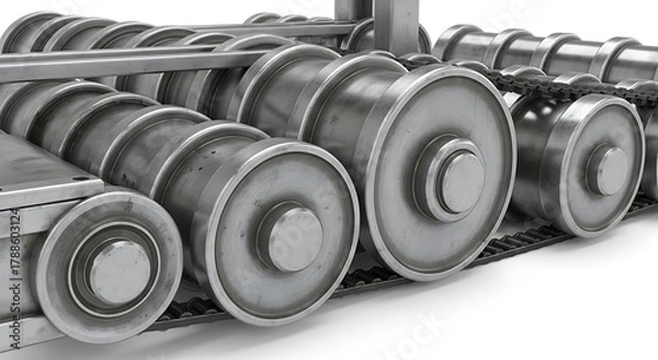 Fototapeta  Close-up of industrial conveyor rollers and chain on a white background, highlighting precision engineering and automated manufacturing.