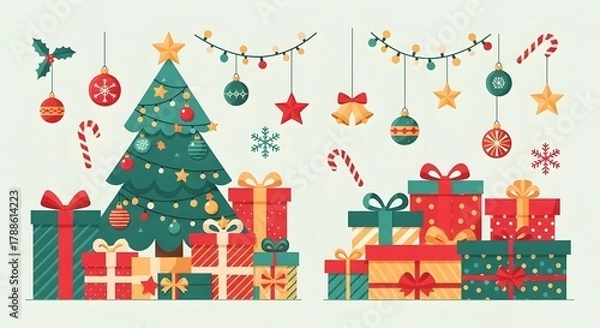 Obraz Christmas tree with gifts and festive ornaments, candy canes, and holly