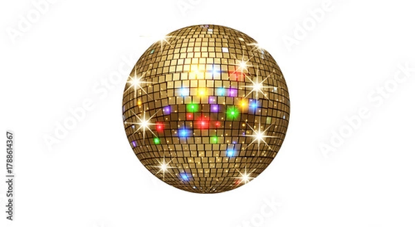 Fototapeta Golden disco ball with colorful lights, party and celebration