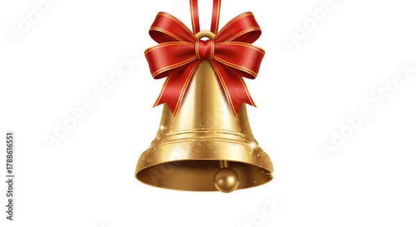 Obraz Golden christmas bell with red ribbon for festive decoration