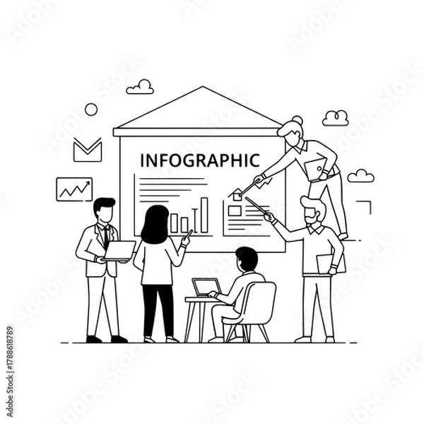 Obraz Diverse business team members actively collaborate discussing and explaining a data-rich infographic presentation within a modern corporate meeting setting showcasing teamwork