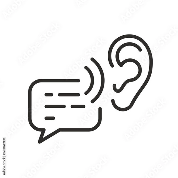 Fototapeta hear thin line vector illustration, voice message icon, speech bubble and ear, active listening