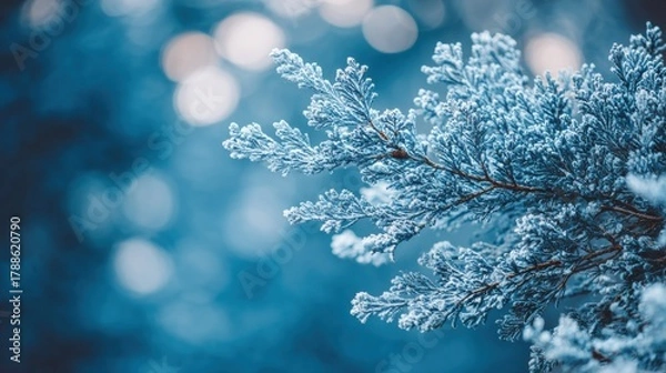 Fototapeta Frozen cypress branches covered with frost and snow. Cool blue tones create peaceful and natural winter scenery