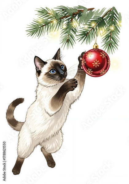 Obraz Siamese cat playing with Christmas ornament on pine branch illustration for holiday decor