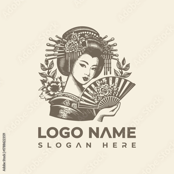 Fototapeta Elegant Geisha with Fan Logo Vector Illustration