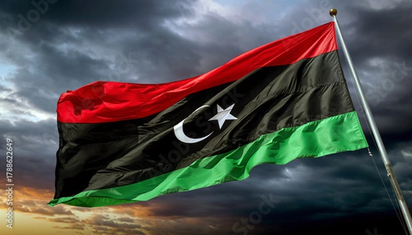 Fototapeta Dramatic Libya flag waving against stormy sky, a symbol of Libyan national pride and resilience, suitable for news or political contexts, ideal for media