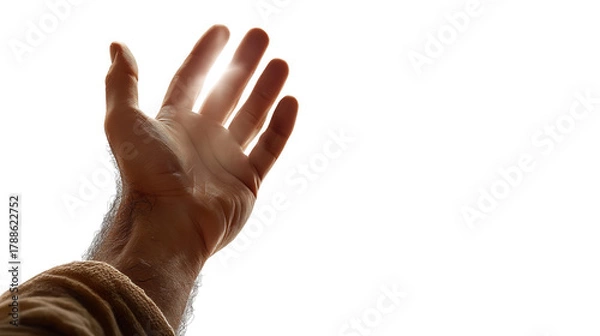 Obraz Raised human hand in prayer to God on transparent background, biblical symbol of worship and blessing, isolated PNG cutout for Christian design