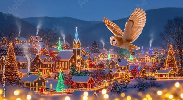 Fototapeta Whimsical barn owl in silent, swift flight over a charming, snow-covered winter village, glowing warmly with festive holiday lights under a starlit magical night