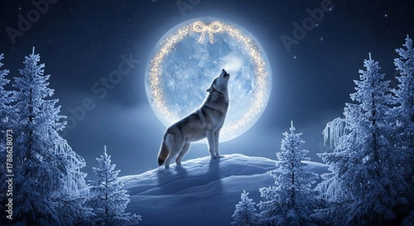 Fototapeta An ethereal winter's dream, where a lone wolf's powerful howl echoes through frost-kissed trees, beneath a magnificently glowing moon, a magical moment whisked into the silent night