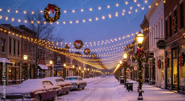 Fototapeta Enchanting snowy main street illuminated by warm festive holiday lights and decorative wreaths, creating a magical winter evening atmosphere perfect for seasonal celebrations