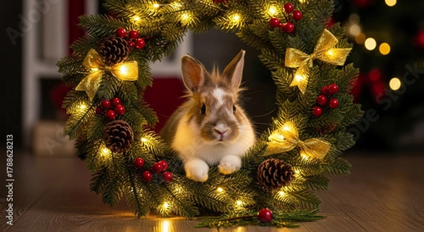 Fototapeta A charming fluffy bunny with expressive whiskers peeking from a festive holiday wreath, adorned with glowing lights and vibrant berries, capturing the spirit of seasonal joy