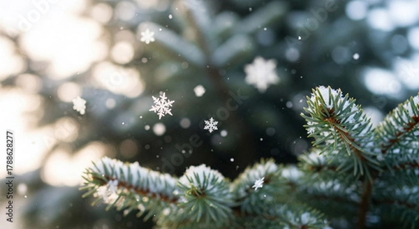 Fototapeta Delicate snowflakes gently descend upon the frosty needles of a vibrant evergreen tree, creating a serene and picturesque winter scene under soft sunlight, evoking holiday cheer and natural beauty