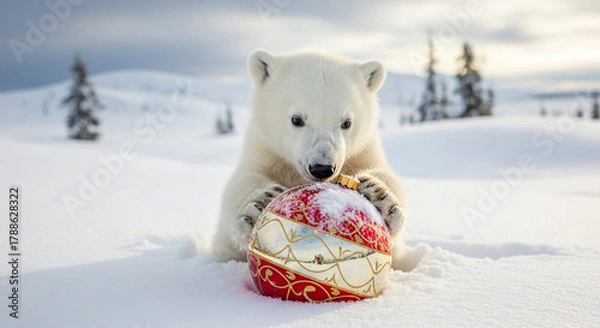 Fototapeta An adorable polar bear cub joyfully explores a vibrant Christmas ornament in its pristine snowy winter habitat, embodying playful holiday spirit in the Arctic