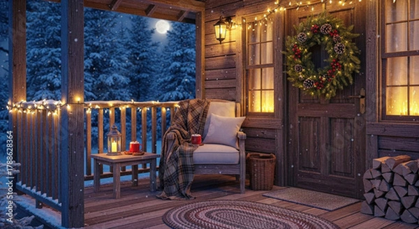 Fototapeta Enchanting winter evening scene on a cozy wooden porch, beautifully decorated with warm string lights and a festive wreath, inviting comfort and holiday cheer amidst falling snow