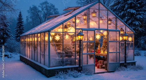 Fototapeta Enchanting Winter Wonderland A Glowing Greenhouse Filled with Holiday Cheer and Festive Lights Under a Snowy Sky, Creating a Cozy Seasonal Retreat